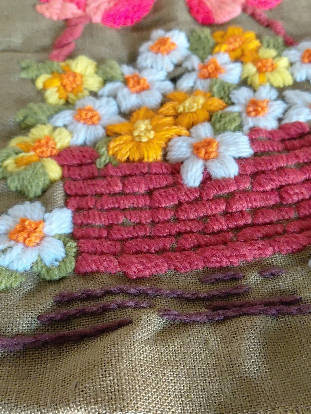 Vintage Handcrafted Olive/Khaki  Floral Wall Hanging